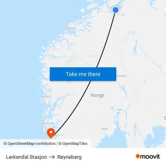 Lerkendal Stasjon to Røyneberg map