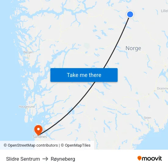 Slidre Sentrum to Røyneberg map