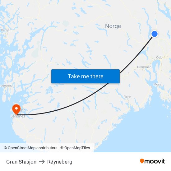 Gran Stasjon to Røyneberg map