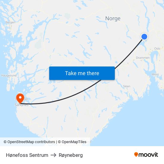 Hønefoss Sentrum to Røyneberg map