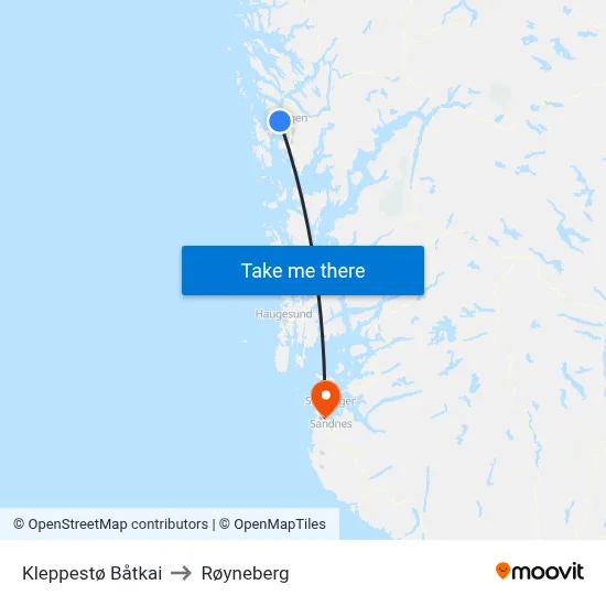 Kleppestø Båtkai to Røyneberg map