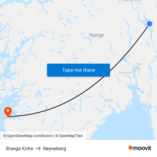 Stange Kirke to Røyneberg map