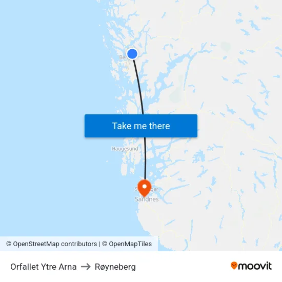 Orfallet Ytre Arna to Røyneberg map