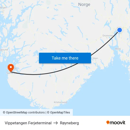 Vippetangen Ferjeterminal to Røyneberg map