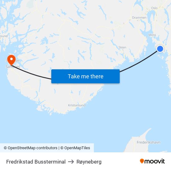 Fredrikstad Bussterminal to Røyneberg map