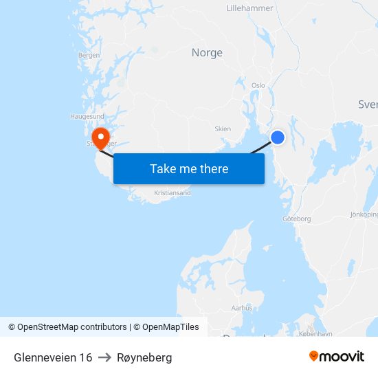 Glenneveien 16 to Røyneberg map