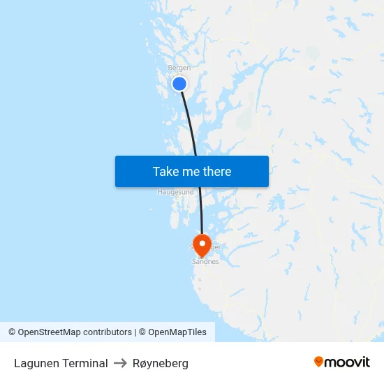 Lagunen Terminal to Røyneberg map