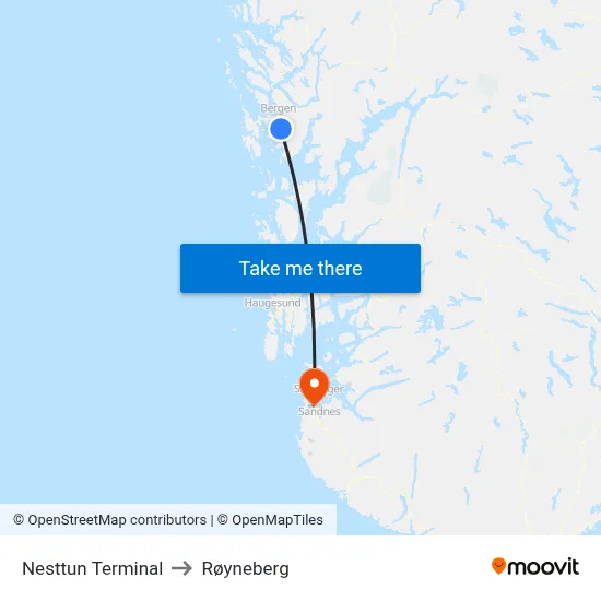 Nesttun Terminal to Røyneberg map