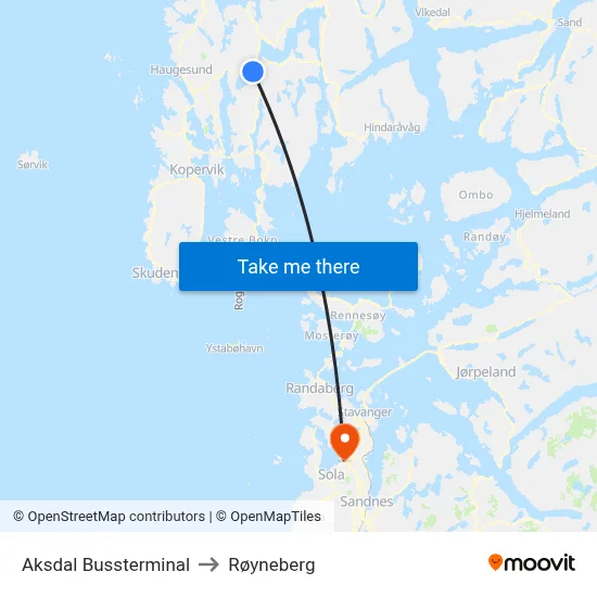 Aksdal Bussterminal to Røyneberg map
