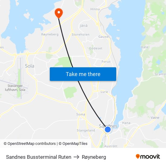 Sandnes Bussterminal Ruten to Røyneberg map