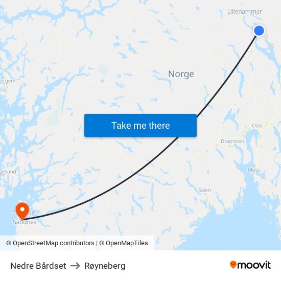 Nedre Bårdset to Røyneberg map