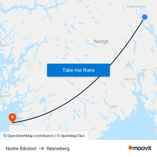 Nedre Bårdset to Røyneberg map