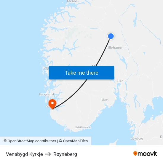 Venabygd Kyrkje to Røyneberg map
