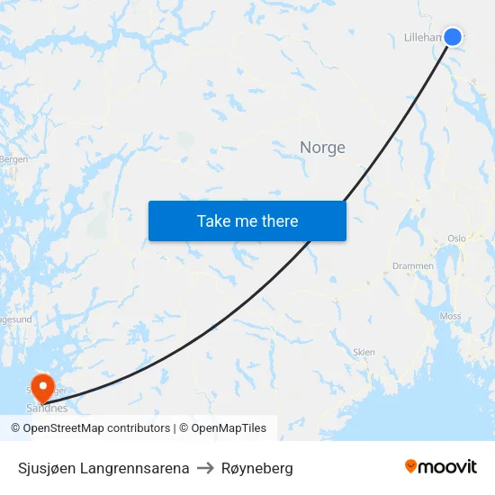 Sjusjøen Langrennsarena to Røyneberg map