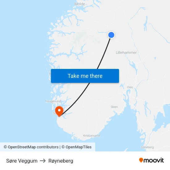 Søre Veggum to Røyneberg map