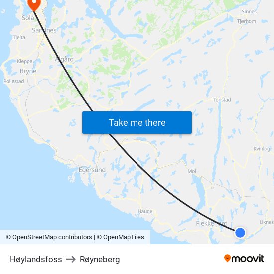 Høylandsfoss to Røyneberg map