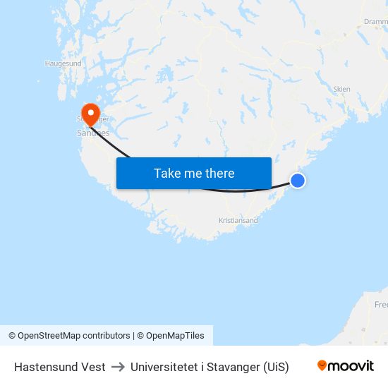 Hastensund Vest to Universitetet i Stavanger (UiS) map