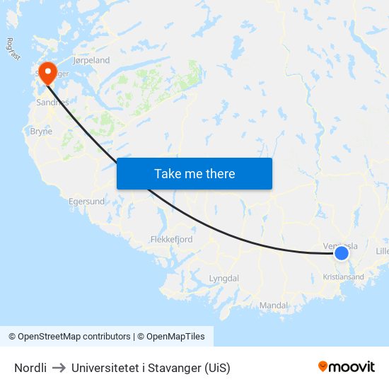 Nordli to Universitetet i Stavanger (UiS) map