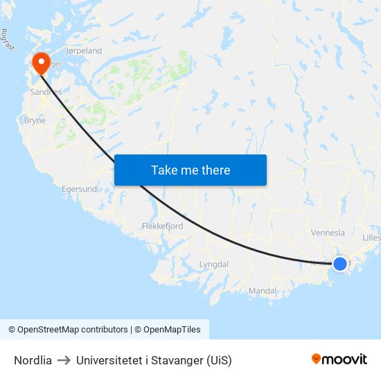 Nordlia to Universitetet i Stavanger (UiS) map