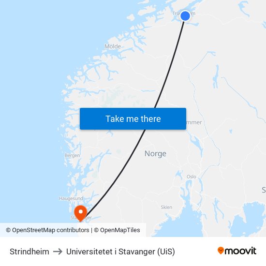 Strindheim to Universitetet i Stavanger (UiS) map