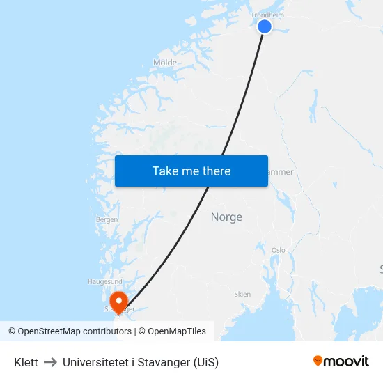 Klett to Universitetet i Stavanger (UiS) map