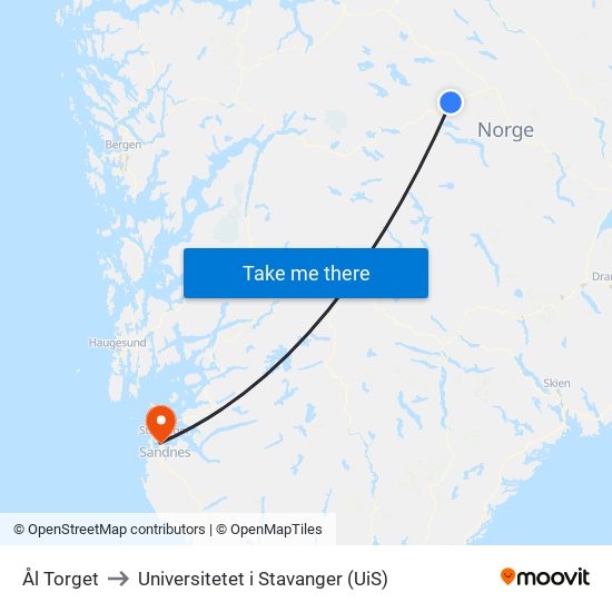 Ål Torget to Universitetet i Stavanger (UiS) map