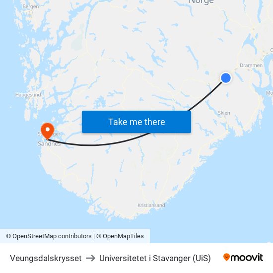 Veungsdalskrysset to Universitetet i Stavanger (UiS) map