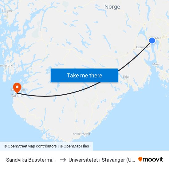 Sandvika Bussterminal to Universitetet i Stavanger (UiS) map