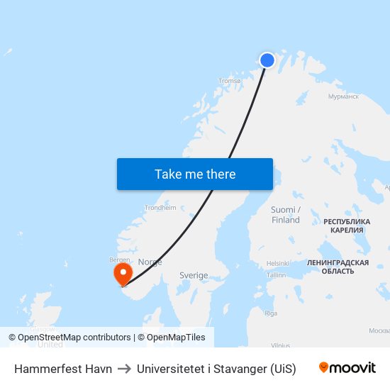 Hammerfest Havn to Universitetet i Stavanger (UiS) map