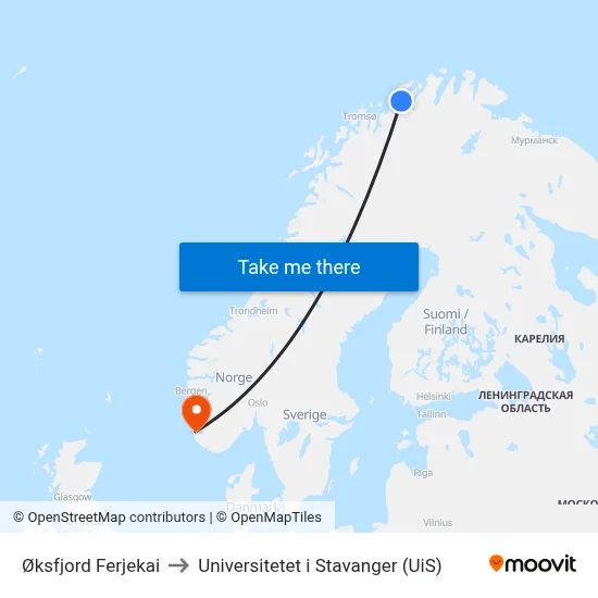 Øksfjord Ferjekai to Universitetet i Stavanger (UiS) map