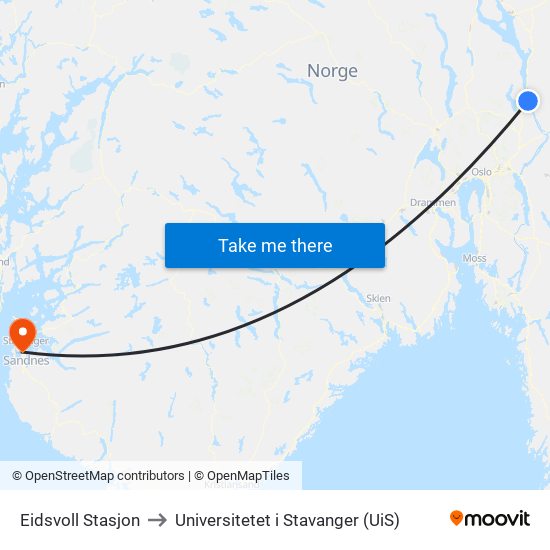Eidsvoll Stasjon to Universitetet i Stavanger (UiS) map