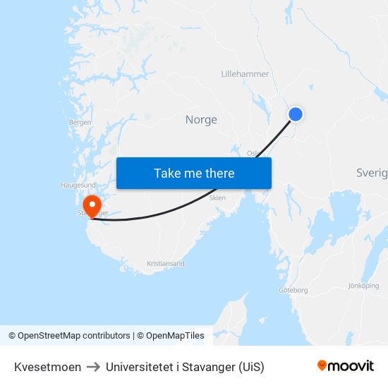 Kvesetmoen to Universitetet i Stavanger (UiS) map