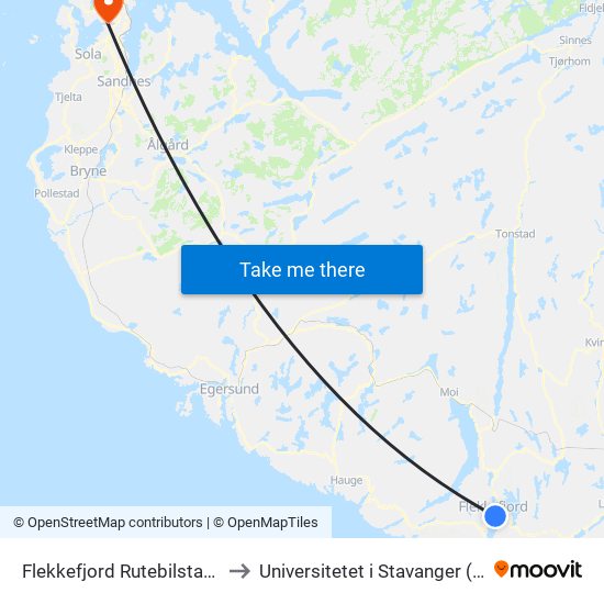 Flekkefjord Rutebilstasjon to Universitetet i Stavanger (UiS) map