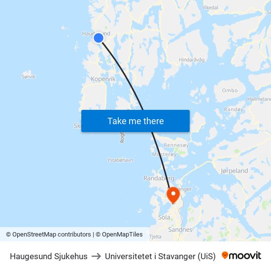 Haugesund Sjukehus to Universitetet i Stavanger (UiS) map