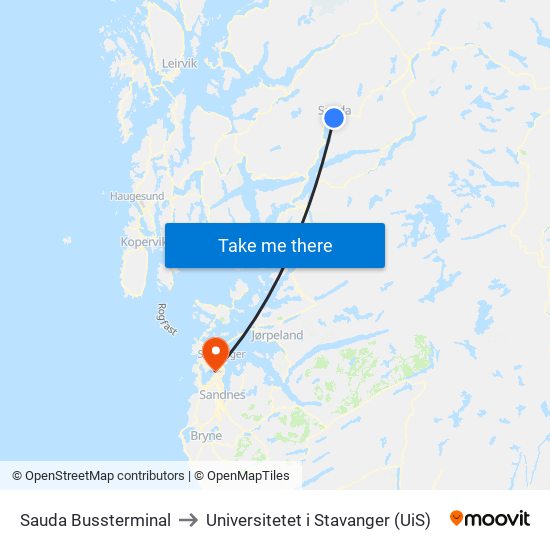 Sauda Bussterminal to Universitetet i Stavanger (UiS) map