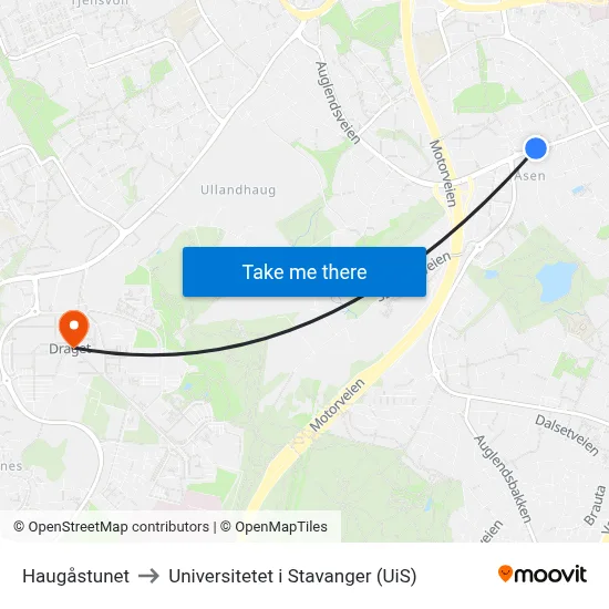 Haugåstunet to Universitetet i Stavanger (UiS) map
