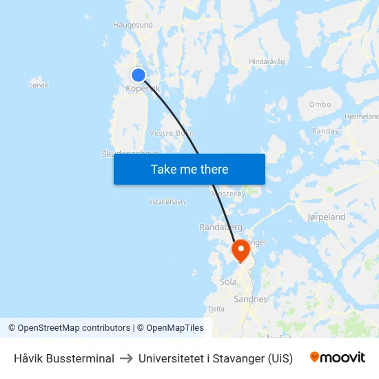 Håvik Bussterminal to Universitetet i Stavanger (UiS) map