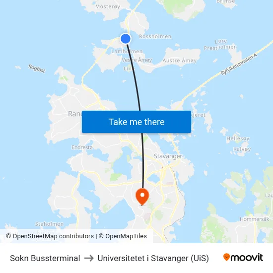 Sokn Bussterminal to Universitetet i Stavanger (UiS) map