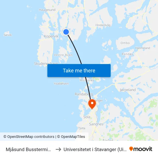 Mjåsund Bussterminal to Universitetet i Stavanger (UiS) map