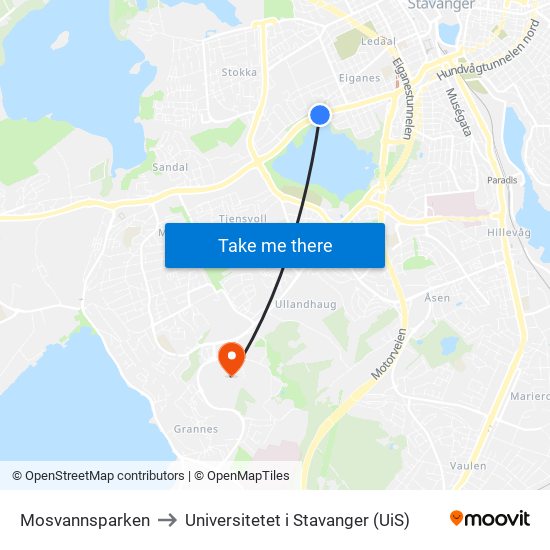Mosvannsparken to Universitetet i Stavanger (UiS) map