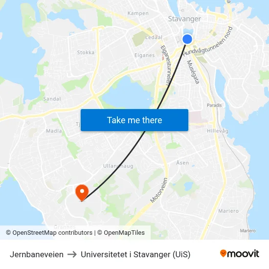Jernbaneveien to Universitetet i Stavanger (UiS) map