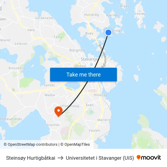 Steinsøy Hurtigbåtkai to Universitetet i Stavanger (UiS) map