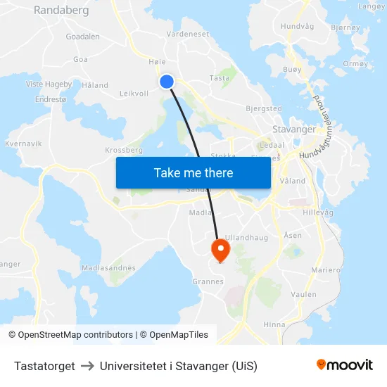 Tastatorget to Universitetet i Stavanger (UiS) map