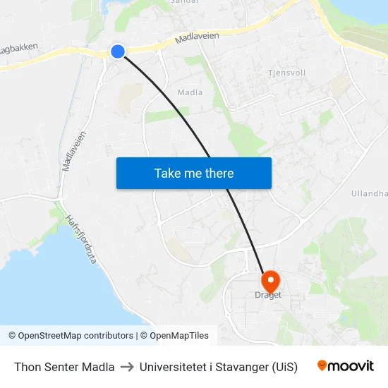 Thon Senter Madla to Universitetet i Stavanger (UiS) map