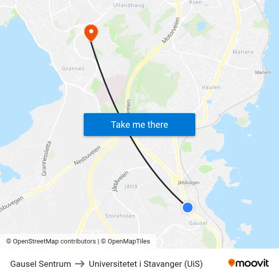 Gausel Sentrum to Universitetet i Stavanger (UiS) map
