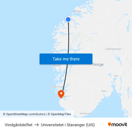 Vindgårdskiftet to Universitetet i Stavanger (UiS) map