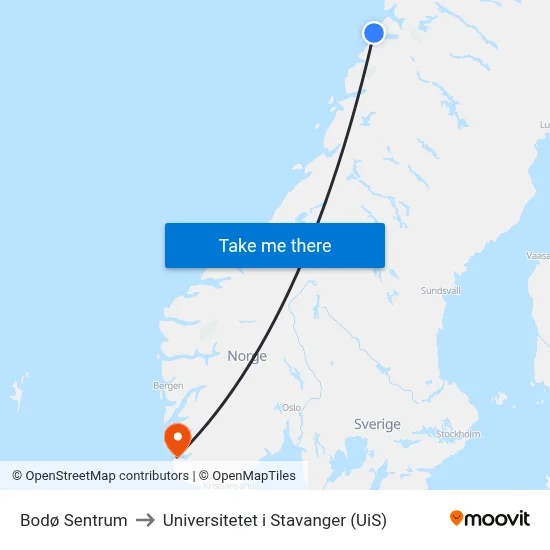 Bodø Sentrum to Universitetet i Stavanger (UiS) map