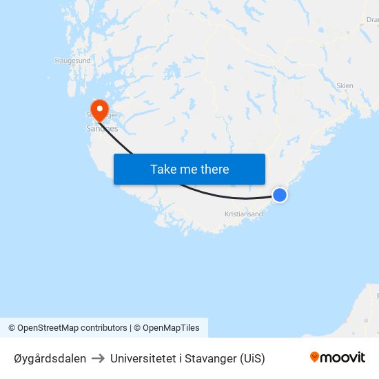 Øygårdsdalen to Universitetet i Stavanger (UiS) map