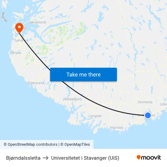 Bjørndalssletta to Universitetet i Stavanger (UiS) map
