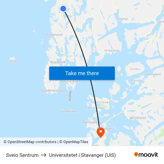 Sveio Sentrum to Universitetet i Stavanger (UiS) map